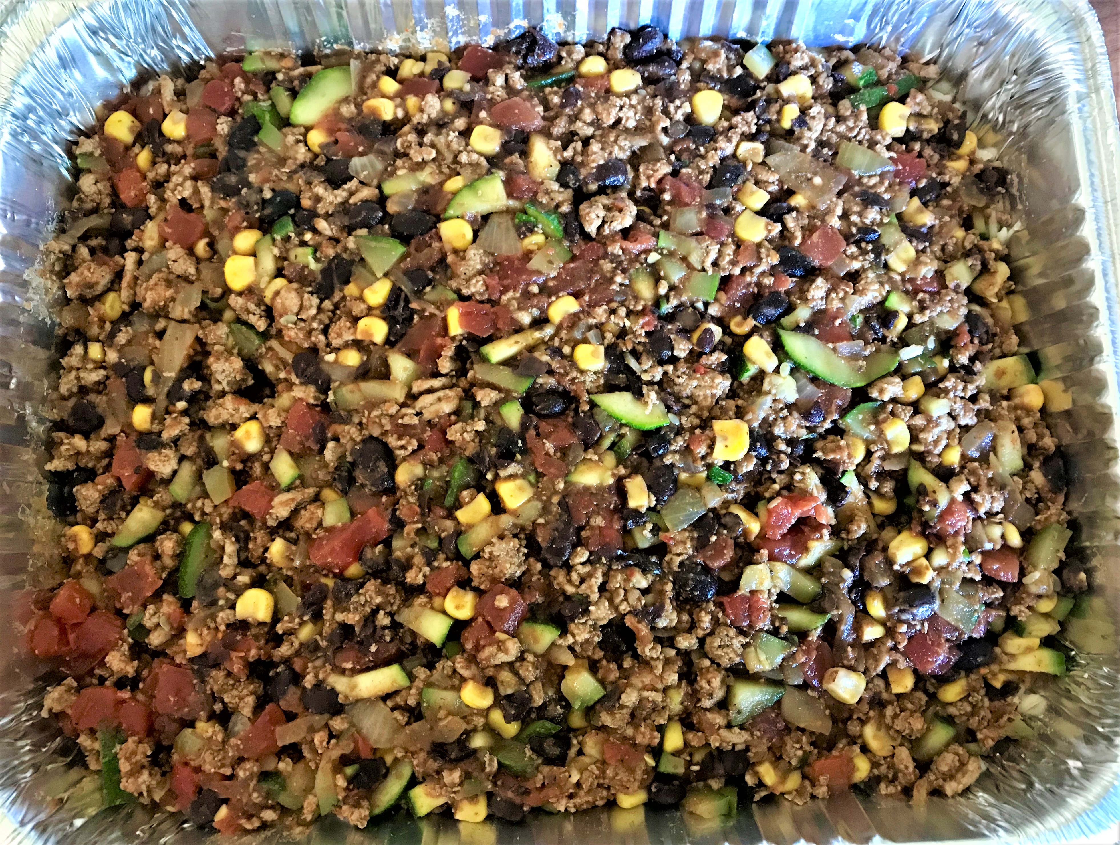 Turkey layer of taco casserole freezer dish